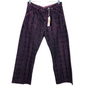 Massimo Alba Squalo Wide Leg Corduroy Pants Raw Hem Plum Plaid Size 48 Waist 33